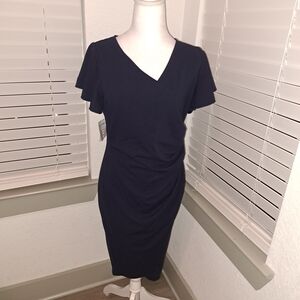 Elegant Dark Navy Blue V-Neck Dress